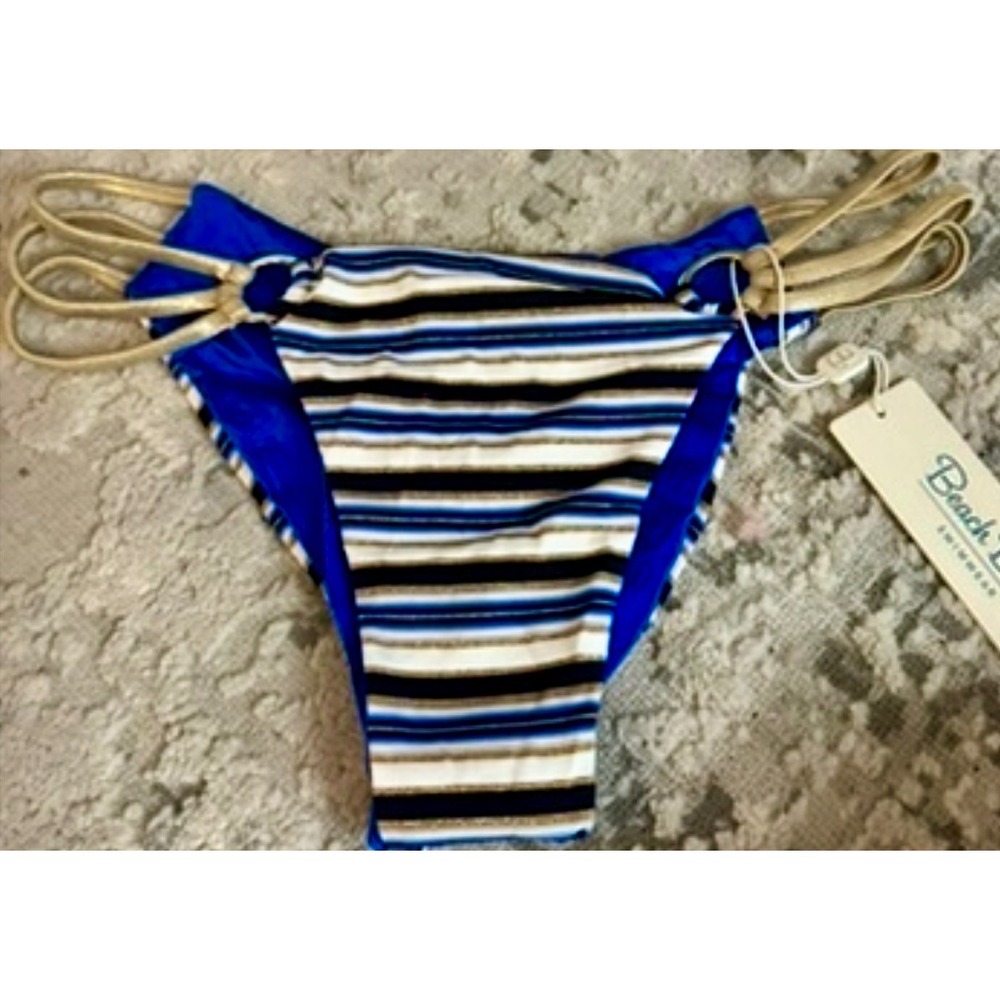 Beach Bunny‎ XL Bikini Bottom Striped Gold String Swimsuit Sexy NWT